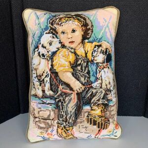Vintage Needlepoint Child Boy Dogs  18x12  Pillow. Adorable Dalmatian Pups   Abs